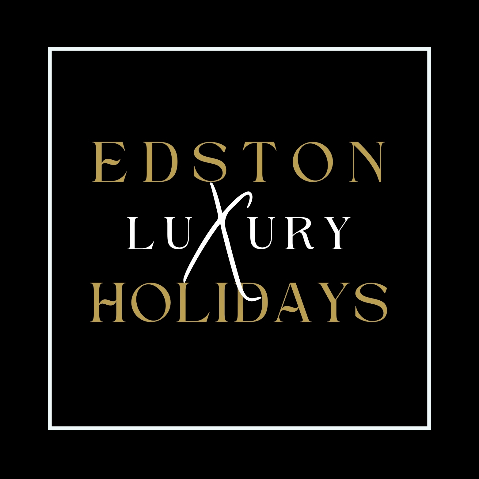 Black background, white box outline, inside the box are the words Edston Luxury Holidays in gold and white type